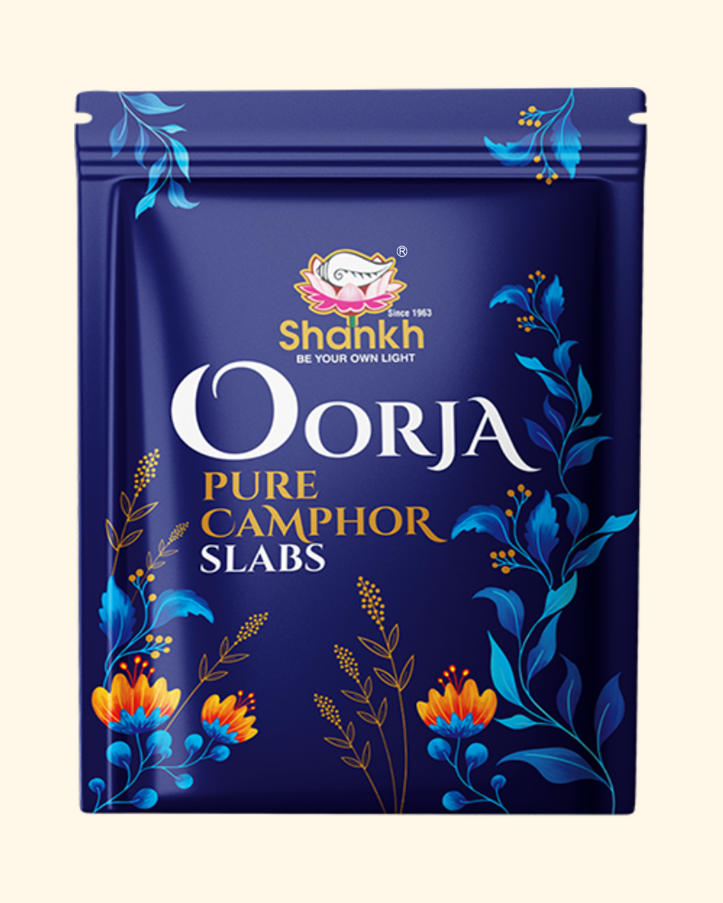 Shahnkh Oorja Pure Camphor Slabs packaging with floral designs on a blue background