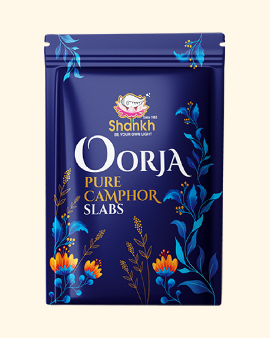 Shankh Oorja Pure Camphor Slabs packaging with floral designs on a blue background