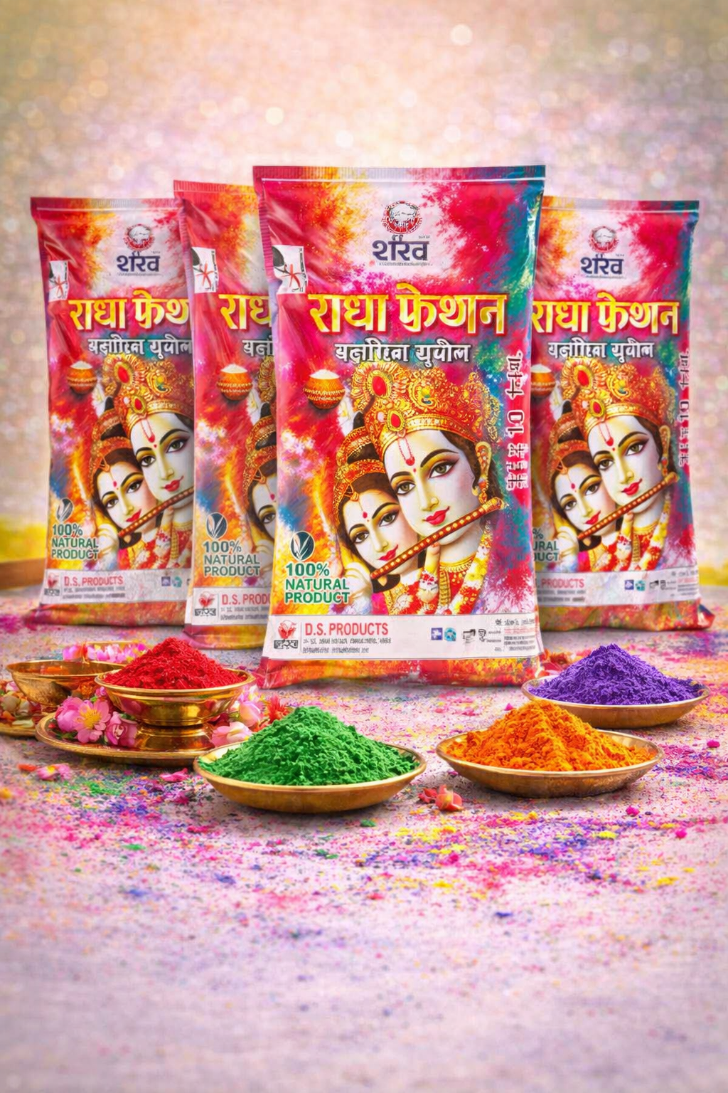 Packets of 'Ragh Fena' with colorful powders on a festive background