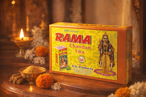 Box of Rama Chandan Tika with decorative elements on a wooden surface