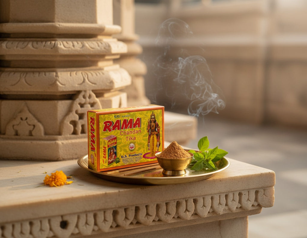 Box of Rama Chandan Tikka on a stone platform with smoke and decorative elements.