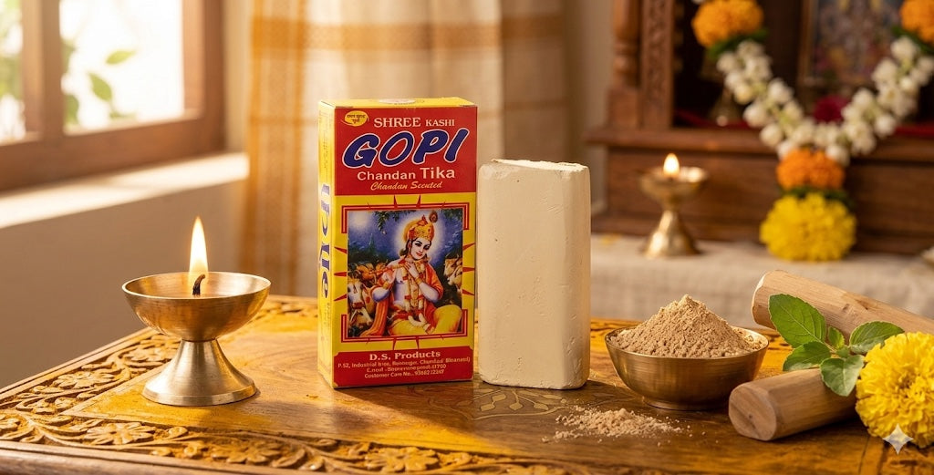 Gopi Chawal Tika packaging on a wooden table with decorative elements