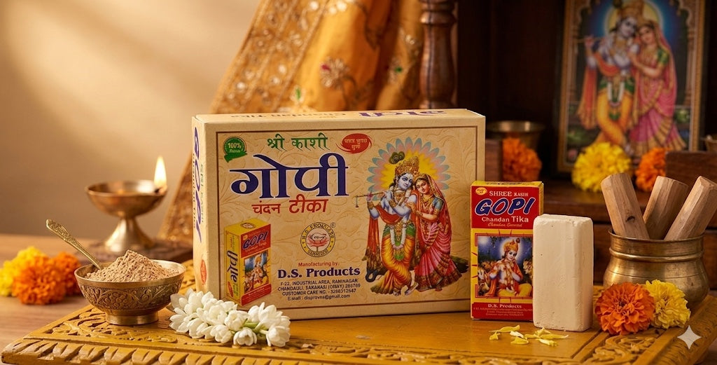 D.S. Products packaging with religious iconography on a decorative table.