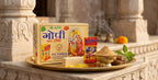 Traditional Indian deity offerings with religious text and imagery on a marble surface.