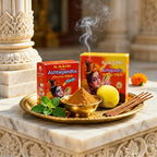 Kashi Ashtagandha Tika packaging with incense sticks, a bowl of powder, and a lemon on a decorative tray.