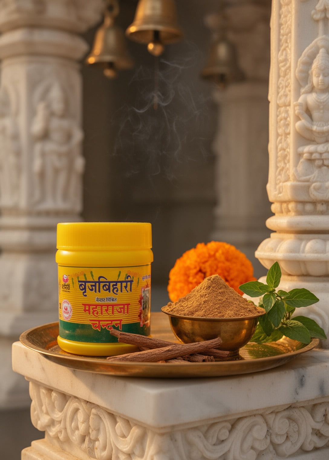 Jar of Bhringraj with a bowl of powder on a decorative platform with religious architecture in the background.