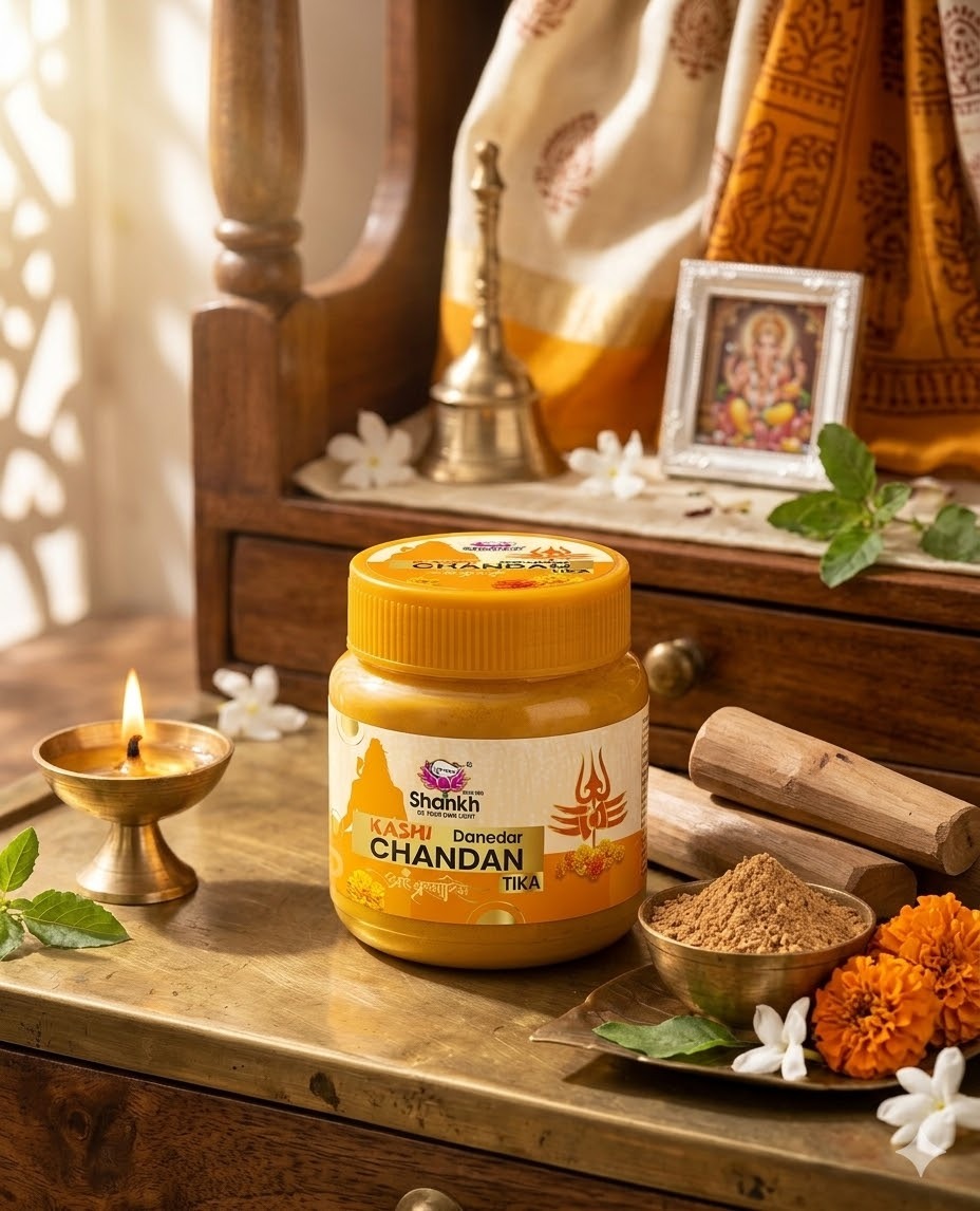 Jar of Shahid Kashi Chandan Tika on a wooden surface with religious items in the background