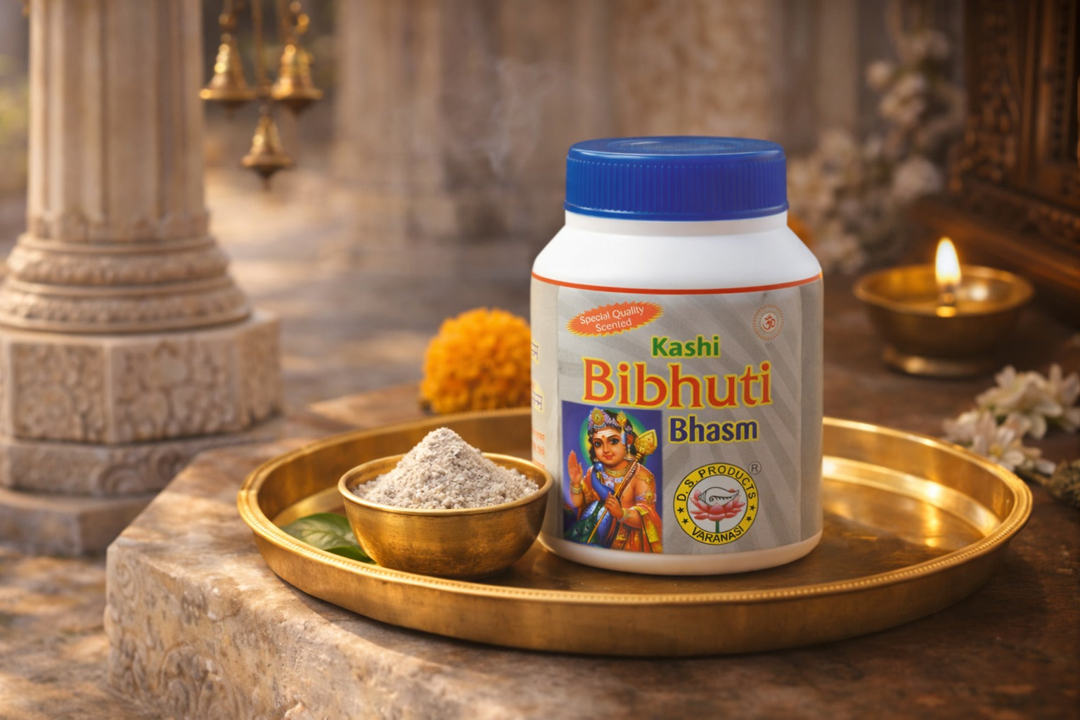 Kashi Bibhuti Bhasm container on a decorative tray with traditional elements in the background