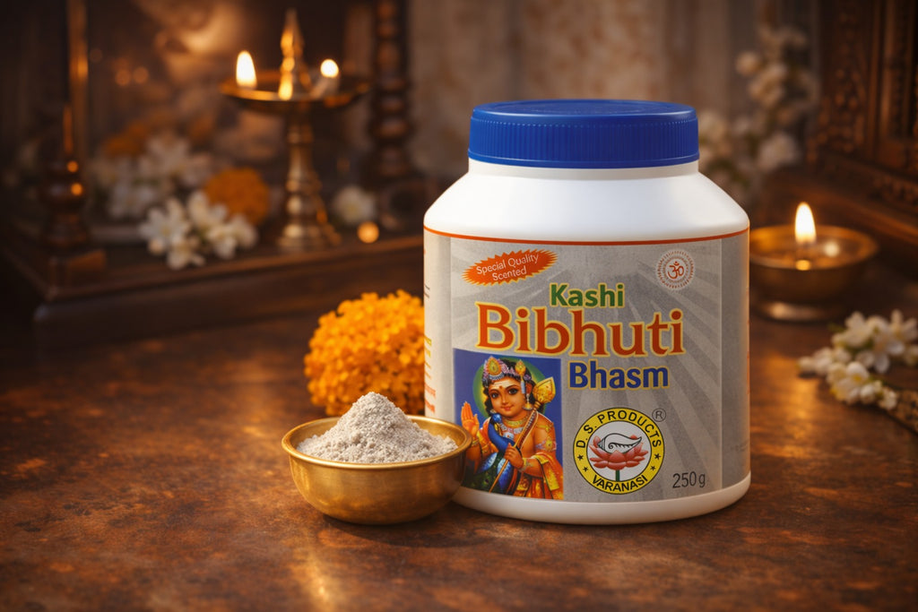 Kashi Bibhuti Bhasm container with a bowl of powder on a decorative background