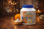 Kashi Bibhuti Bhasm container with a bowl of powder on a decorative background