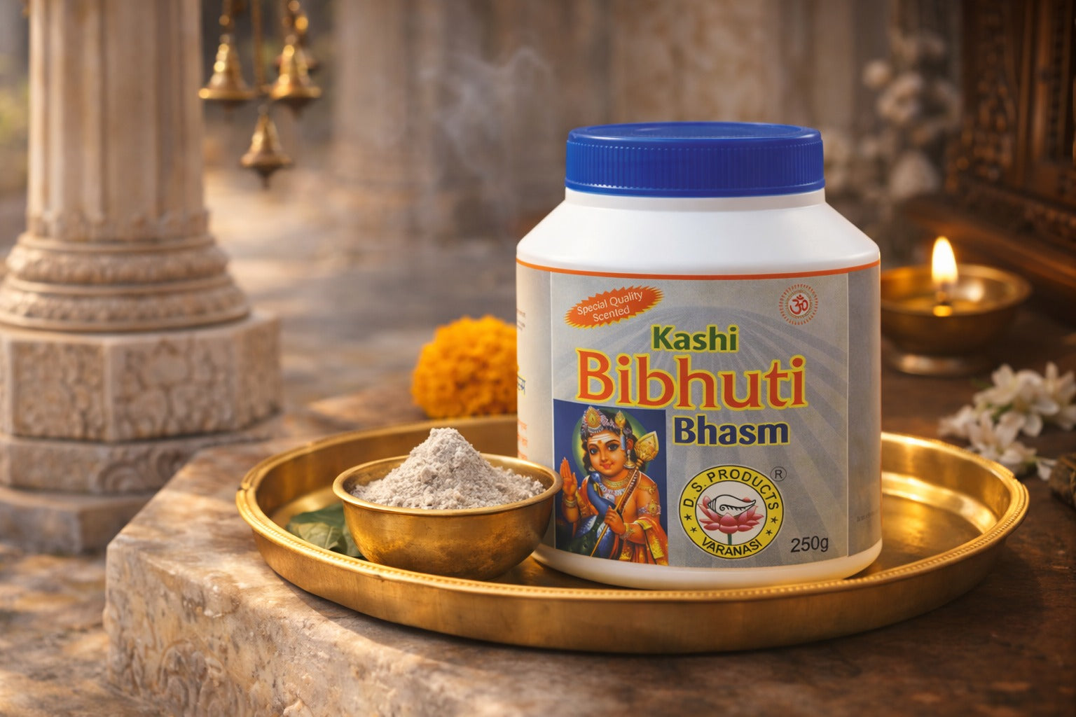 Kashi Bibhuti Bhasm container on a decorative tray with traditional elements in the background
