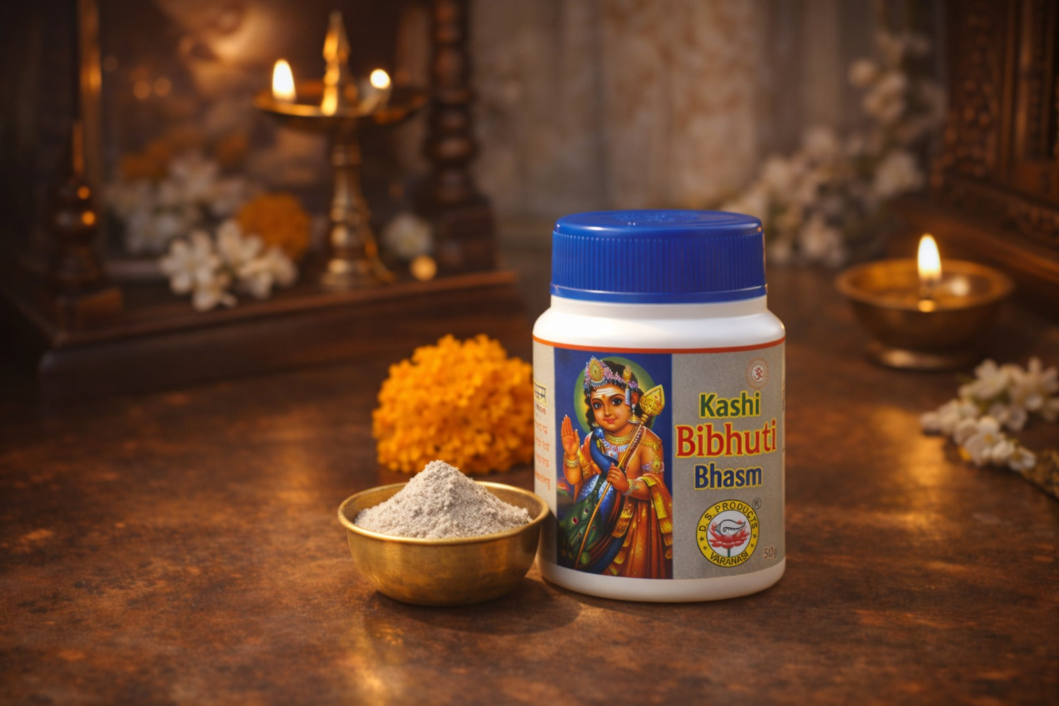 Kashi Bibhuti Bhasmam container with a bowl of powder on a decorative background