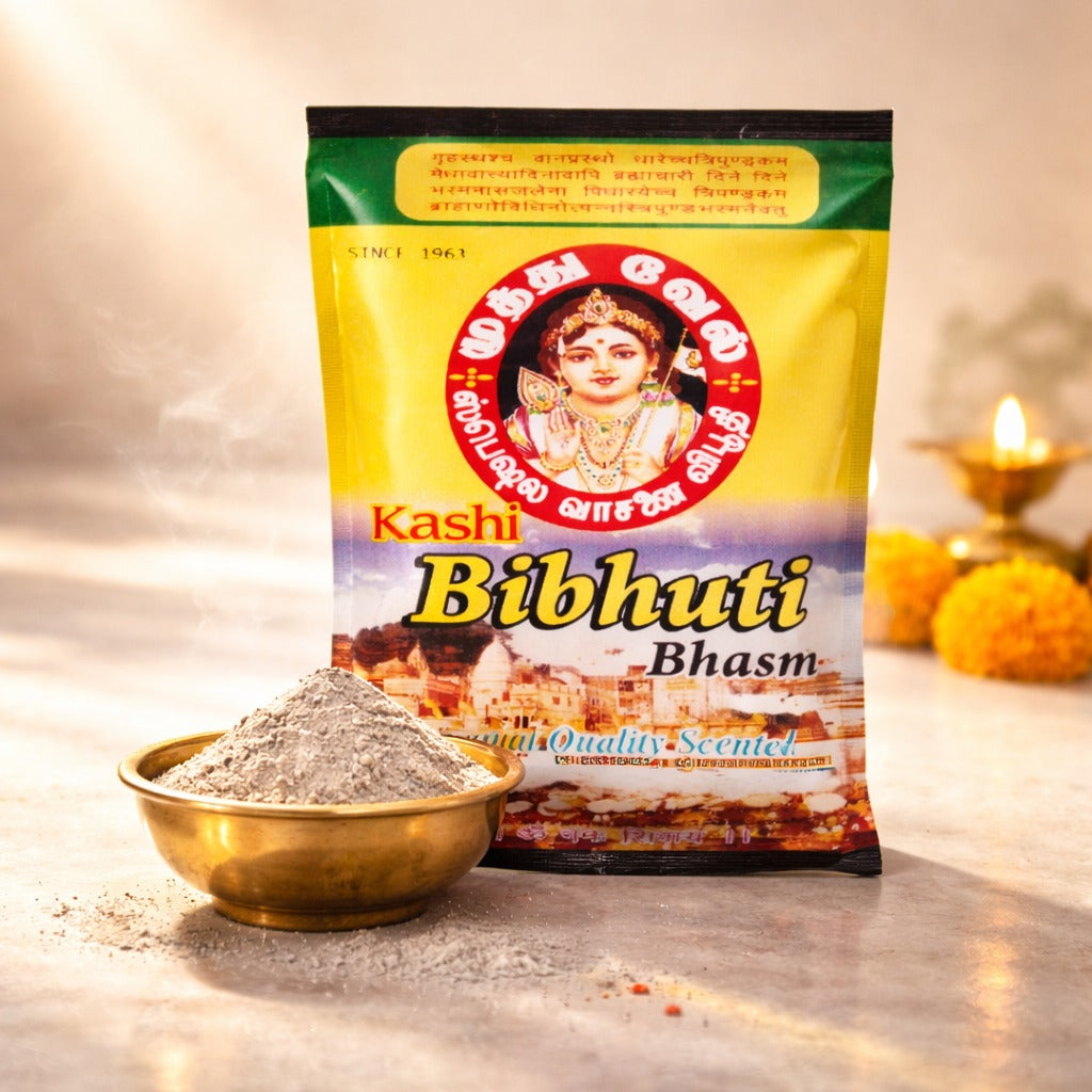 Kashi Bibhuti Bhasm packaging with a bowl of powder on a neutral background