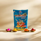 Shankh  color powder packet with four small bowls of colorful powders on a beige background