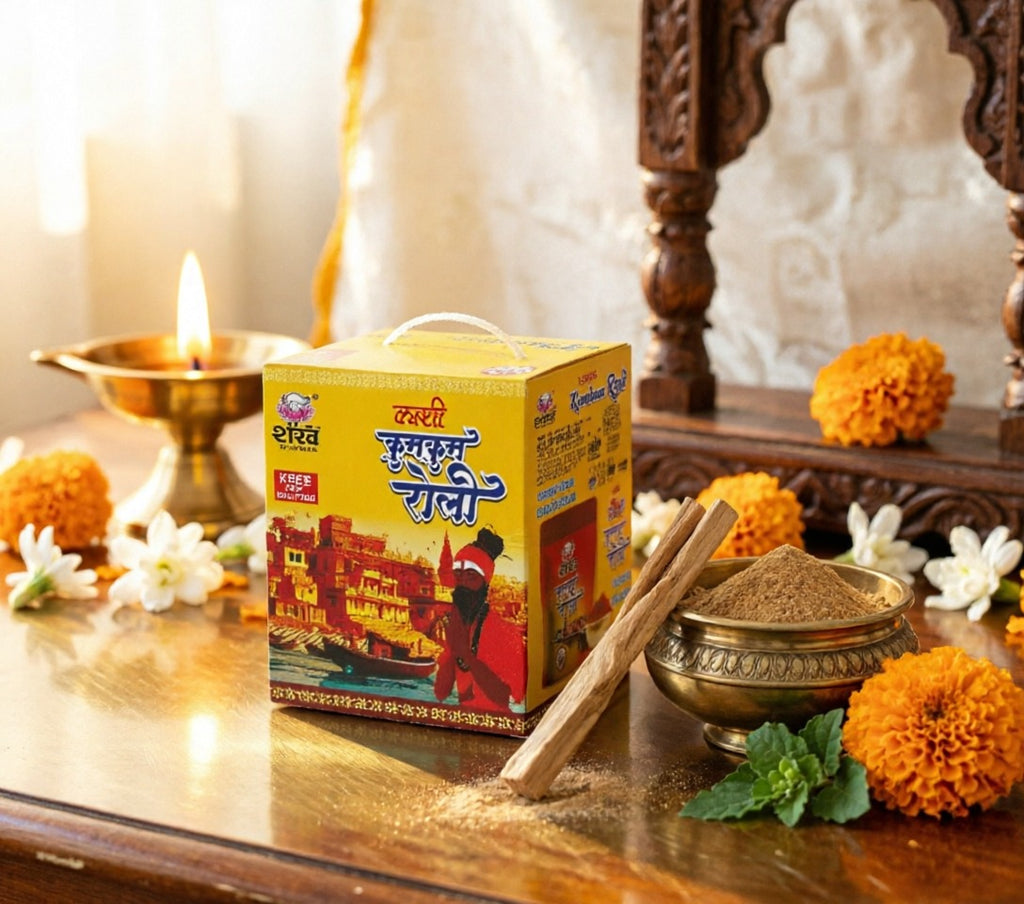 Box of 'Bhagwan' brand product on a decorative table with flowers and a candle.