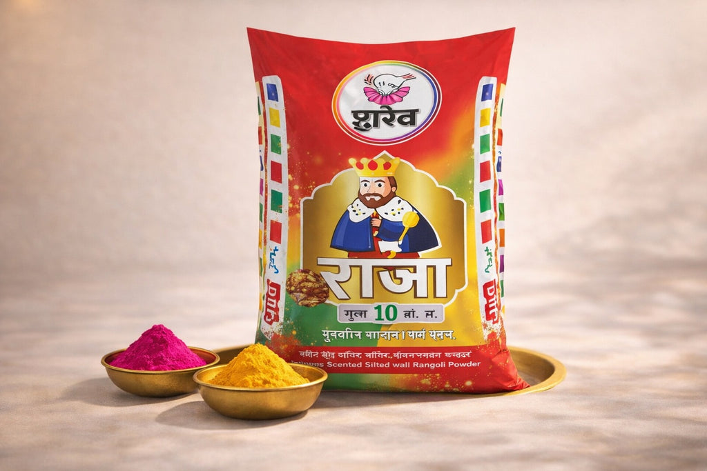 Colorful packaging of 'Raja' with two bowls of colored powder on a neutral background