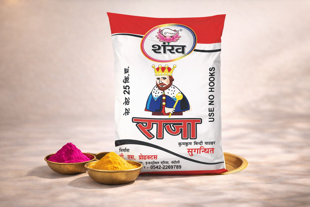 Bag of 'Raja' brand product with colorful powders on a neutral background