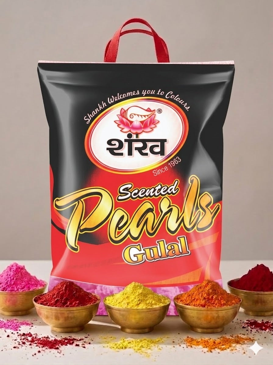 Shankh Scented Pearls Gulal packaging with colorful gulal powders in front