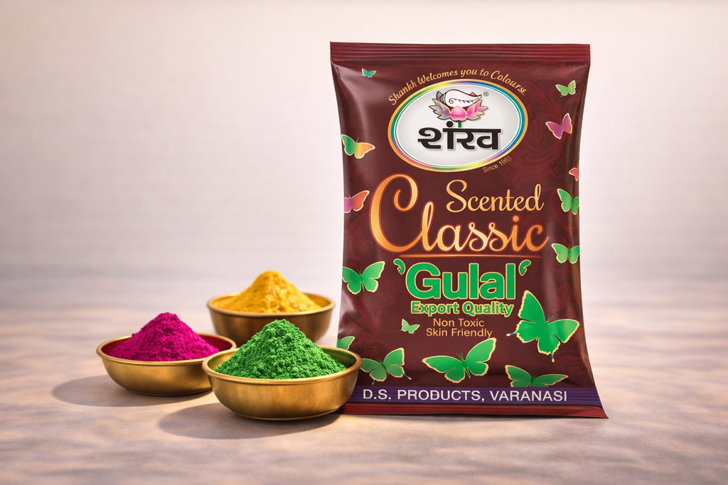 Shahnawaz Scented Classic Gulal packaging with colorful gulal powders on a wooden surface.