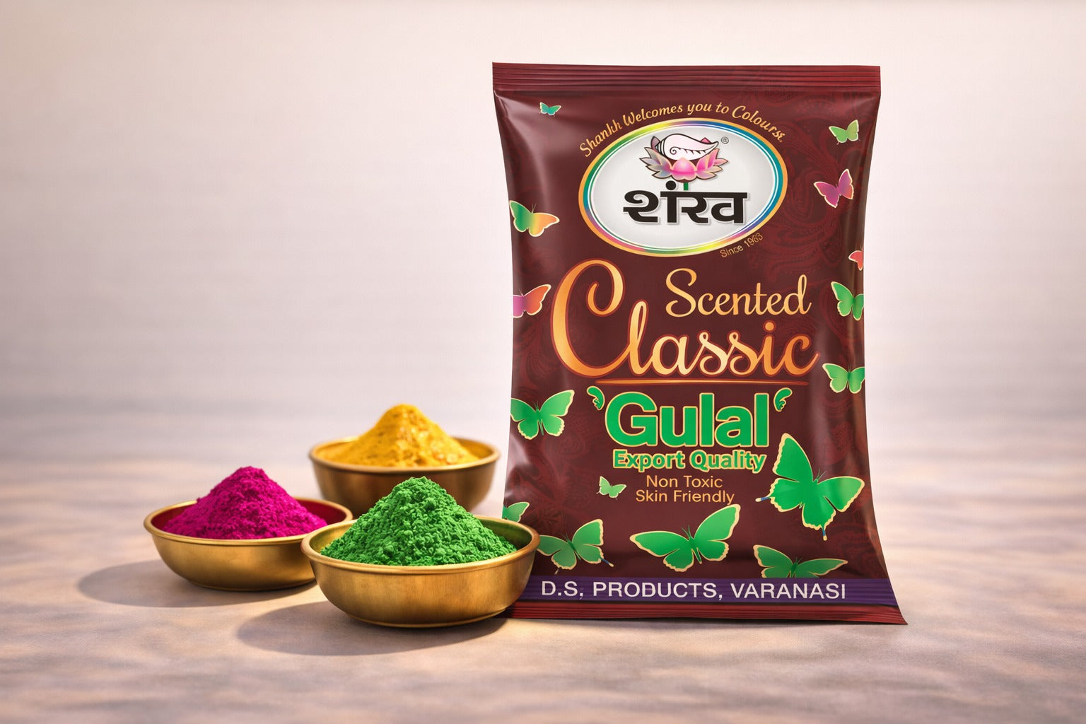 Shahnawaz Scented Classic Gulal packaging with colorful gulal powders on a wooden surface.