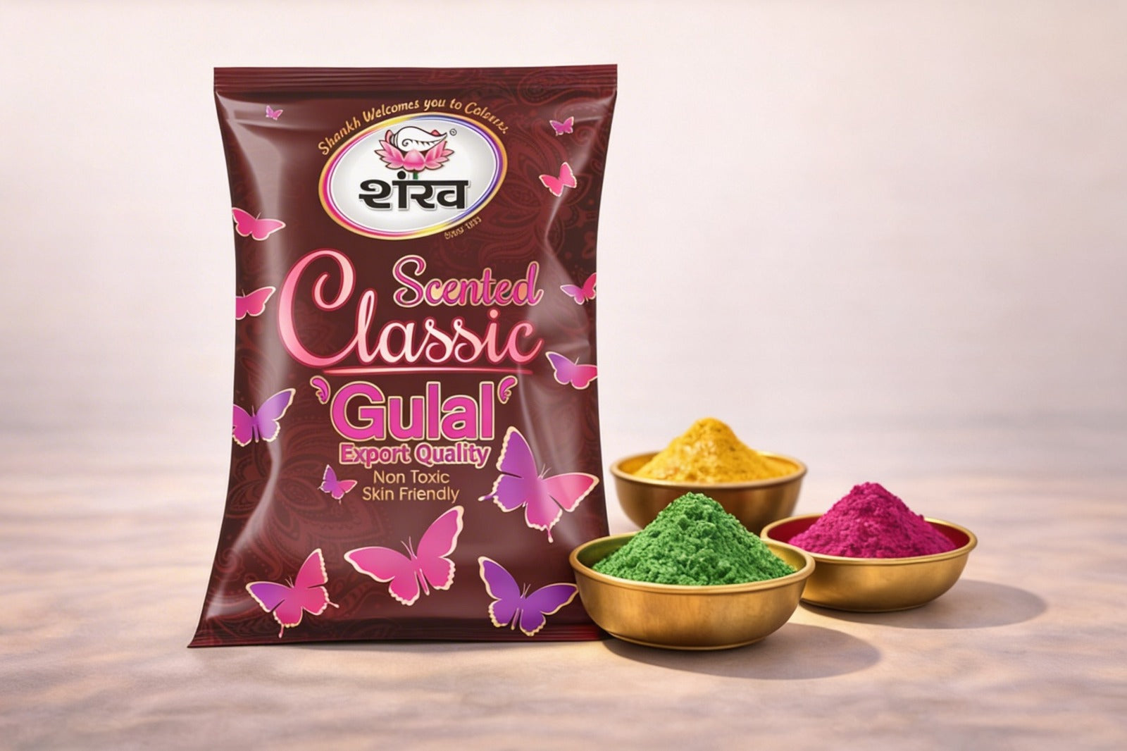 Scented Classic Gulal packaging with colorful powders on a wooden surface