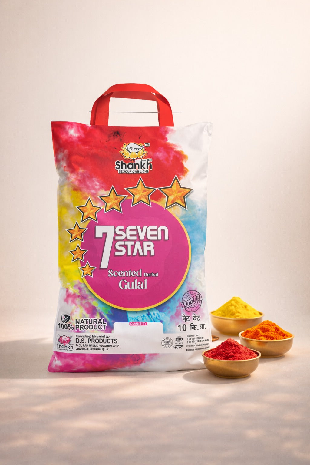 Seven Star scented pet product packaging with colorful contents on a neutral background