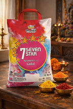 Shankh Seven Star scented gulal packaging on a wooden surface with colorful powders.