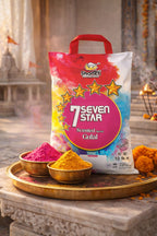 Shankh Seven Star scented gulal packaging with two bowls of colored powder on a decorative tray.