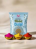 Packaged herbal gulal with three small bowls of colored powders on a neutral background
