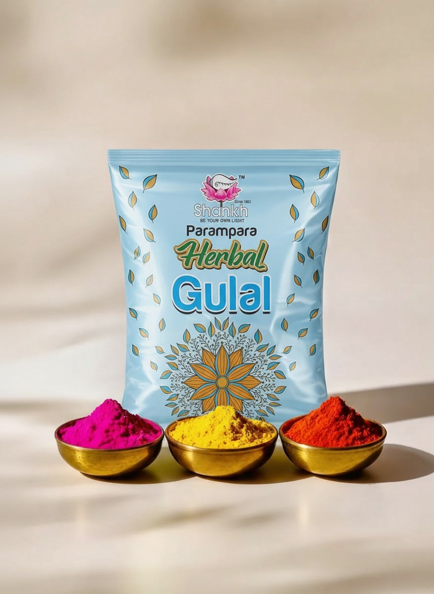 Packaged herbal gulal with three small bowls of colored powders on a neutral background
