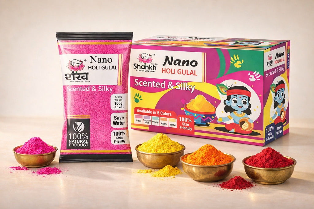 Shankh Nano Holi Gulal packaging with colorful powders on a light background