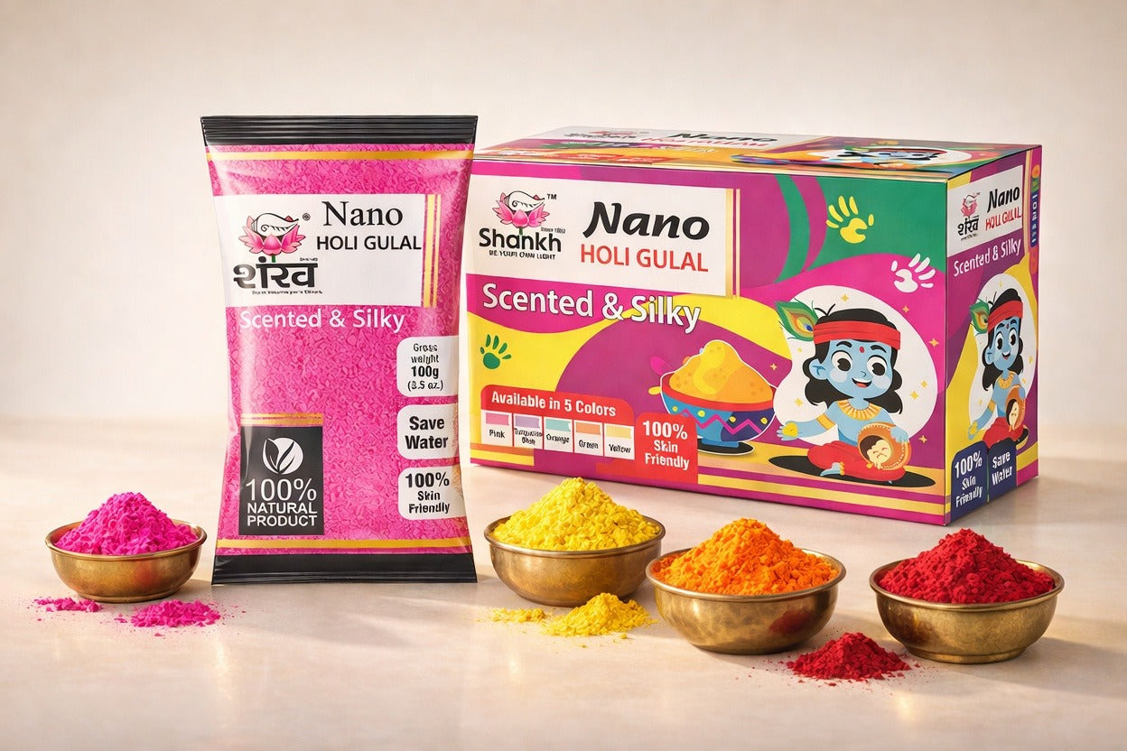 Shankh Nano Holi Gulal packaging with colorful powders on a light background