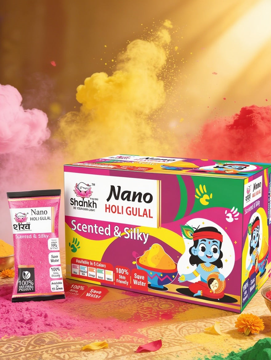 Box of Nano Holi Gulal with colorful powder effects on a vibrant background