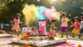 Children playing with colorful powder in an outdoor setting, with Nano brand products displayed.