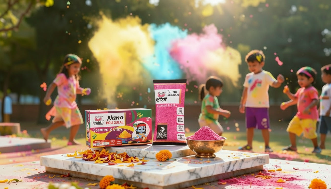 Children playing with colorful powder in an outdoor setting, with Nano brand products displayed.