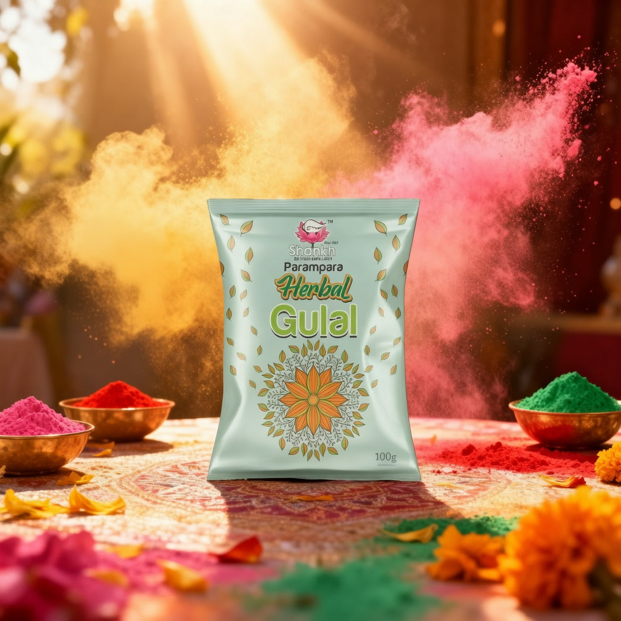 Herbal Gulal packaging with colorful gulal powders in the background