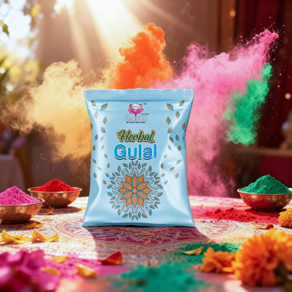 Herbal Gulal packaging with colorful powder and flowers in the background