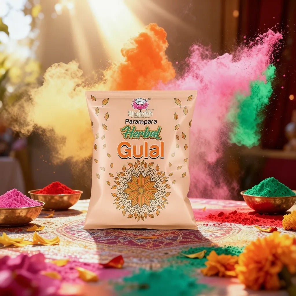 Pack of Parampara Herbal Gulal with colorful gulal powder in the background