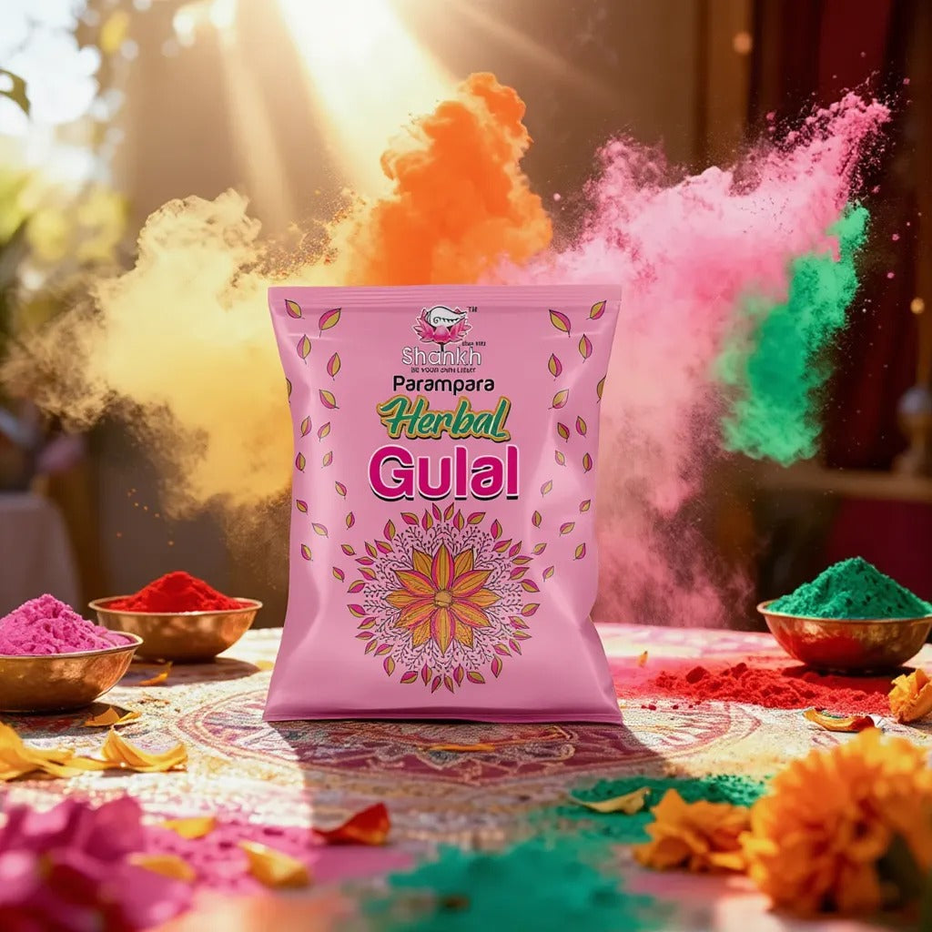 Pink package of Herbal Gulal with colorful powder effects on a bright background