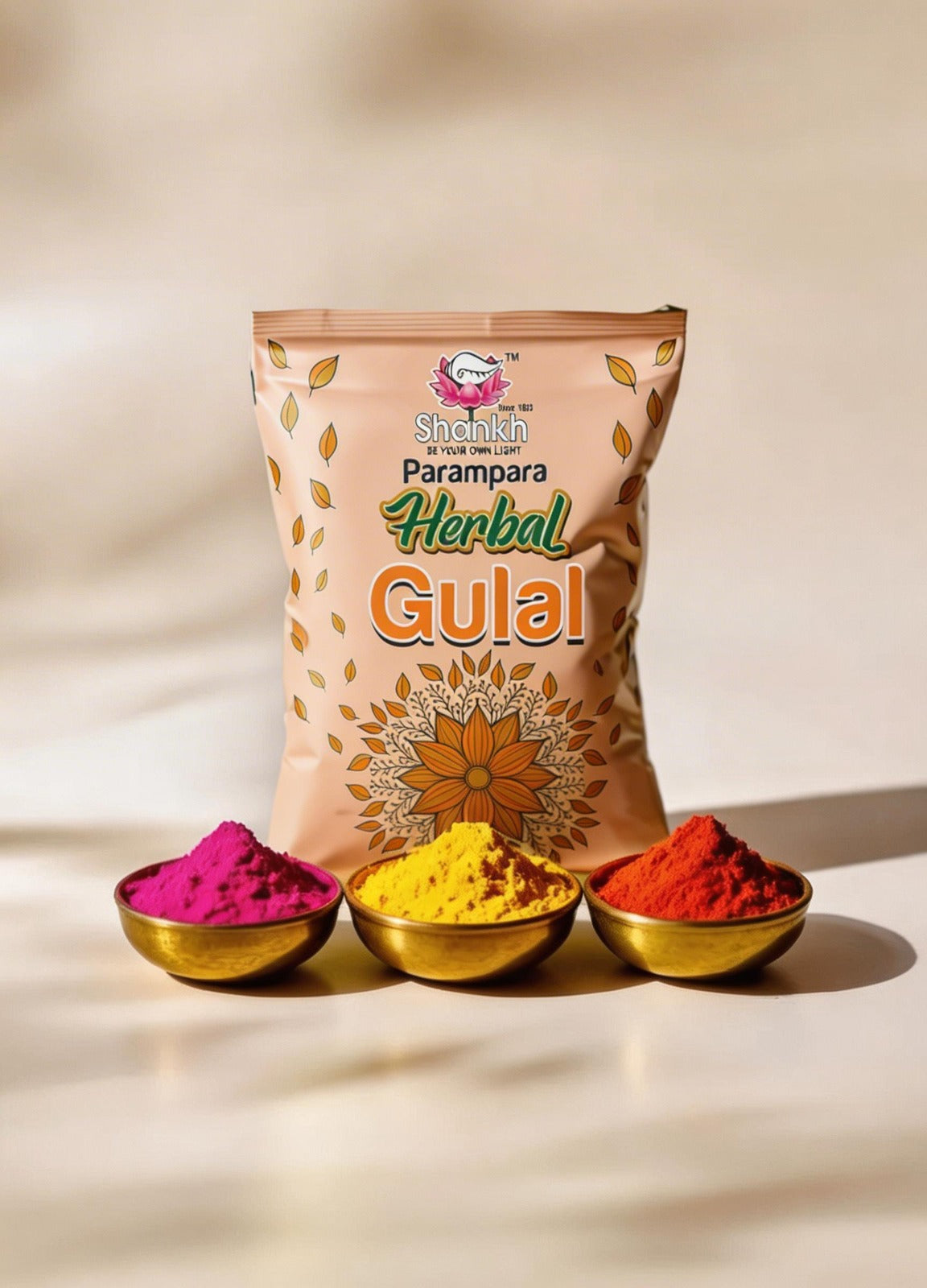 Shree Kishen Parampara Herbal Gula packaging with three small bowls of colored powders on a beige background.