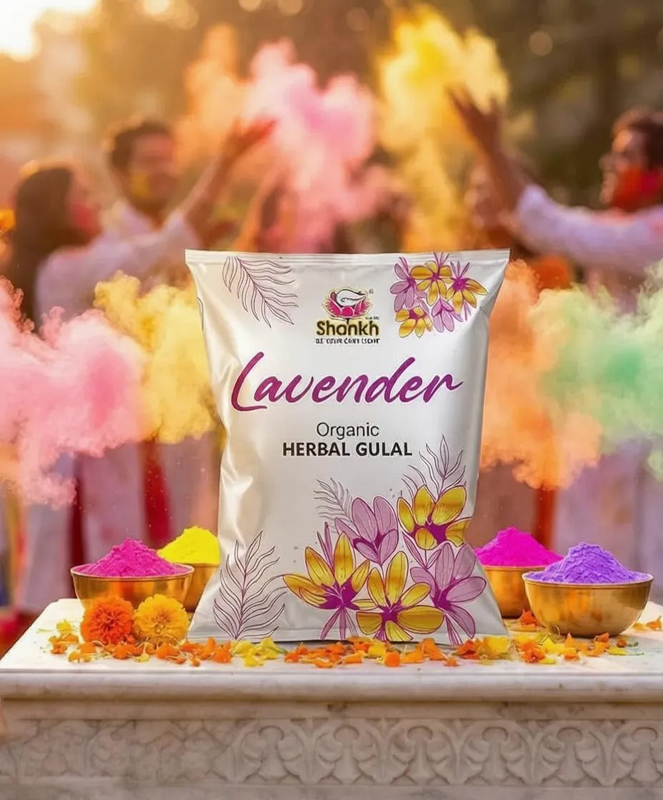 Herbal Gulal package with colorful powder in the background
