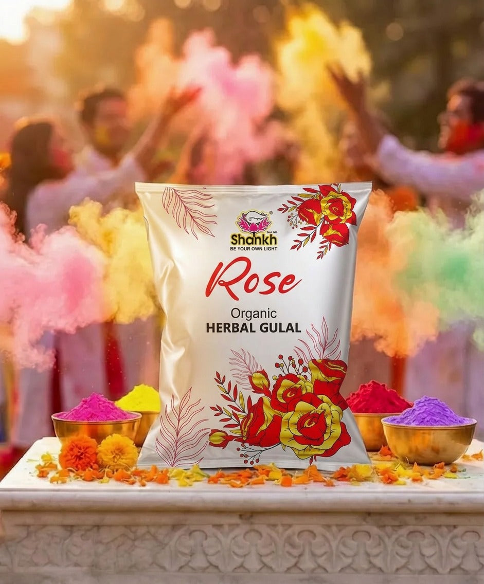 Shahnaz Husain Rose Organic Herbal Gulal packaging with colorful gulal in the background