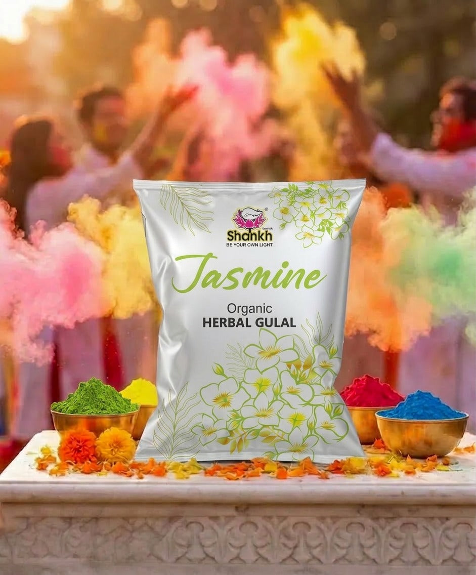 Shahnaz Husain Jasmine Organic Herbal Gulal packaging with colorful gulal in the background