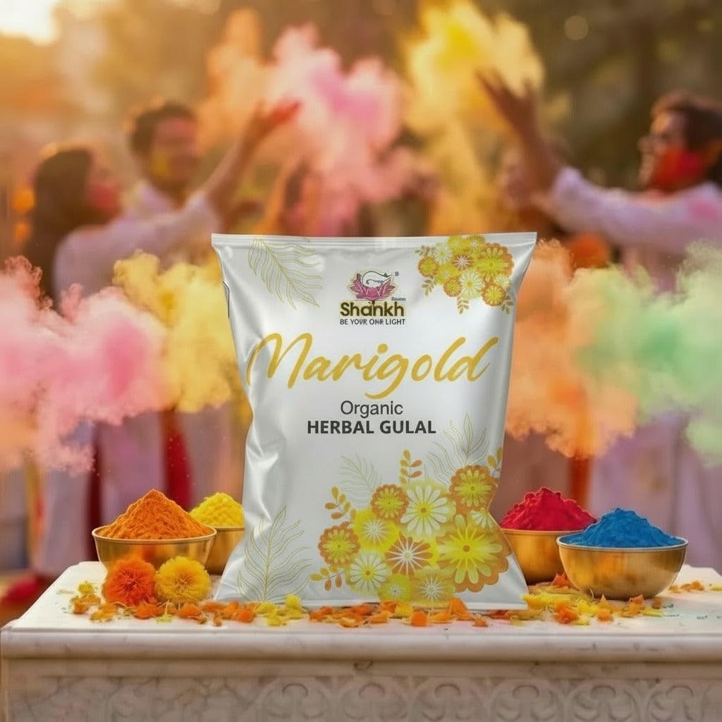 Shankh Marigold Organic Herbal Gulal packaging with colorful gulal powders on a decorative platform.