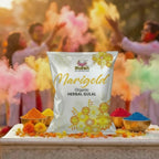 Shankh Marigold Organic Herbal Gulal packaging with colorful gulal powders on a decorative platform.