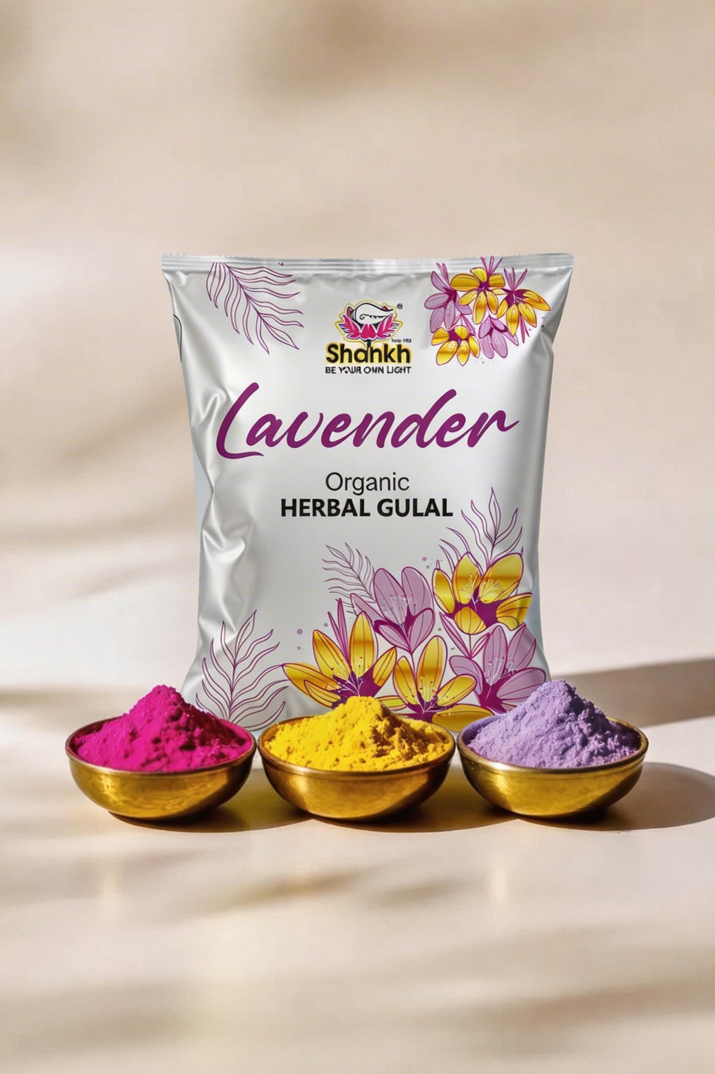 Husain Organic Herbal Gulal packaging with lavender theme on a beige background