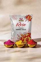 Shankh Rose Organic Herbal Gulal packaging with three small bowls of colored powders on a beige background.