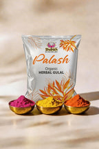 Palash Organic Herbal Gulal packaging with three small bowls of colored powder on a beige background.