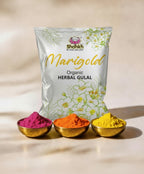 Organic Herbal Gulal packaging with three small bowls of colored powders on a beige background