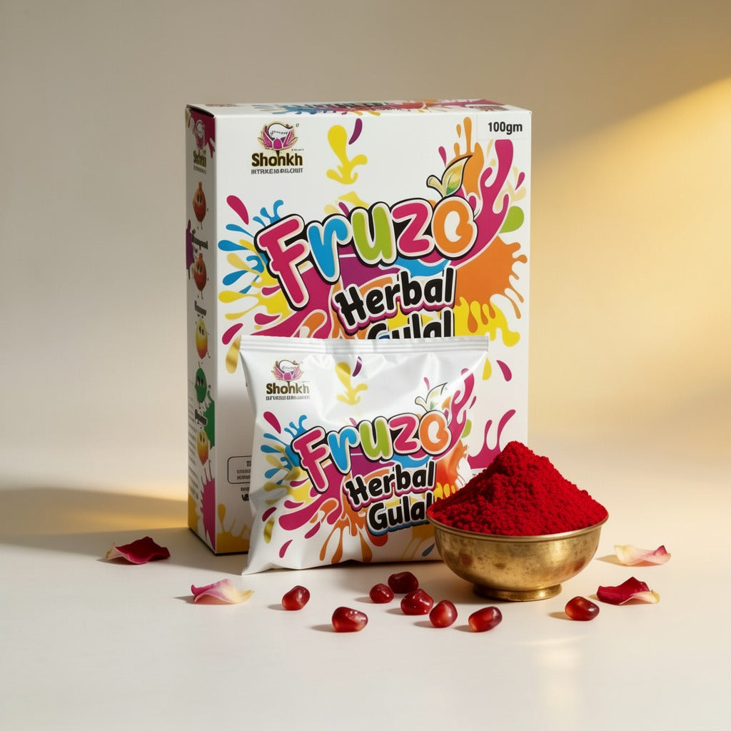 Fruzo Herbal Gulal packaging with a bowl of red powder on a light background